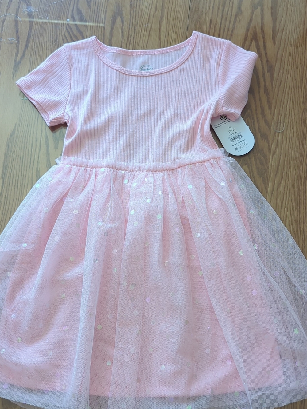 NWT wonder nation Pink Short-Sleeve Tulle Polka Dot Dress, size 6-7